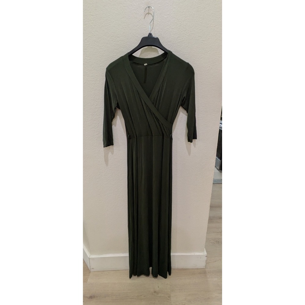 Popana‎ Maxi Dress Medium Mossy Green Faux Wrap Empire Waist Made in USA